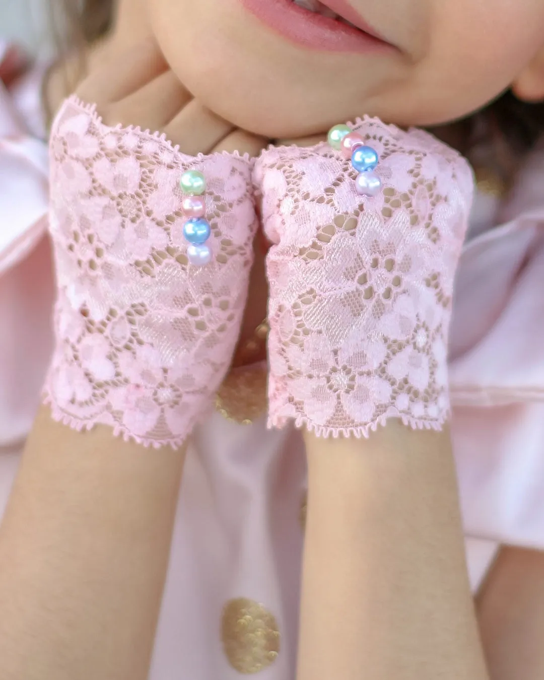 Pink Rainbow Pearls and Lace Fingerless Gloves for baby toddlers girls