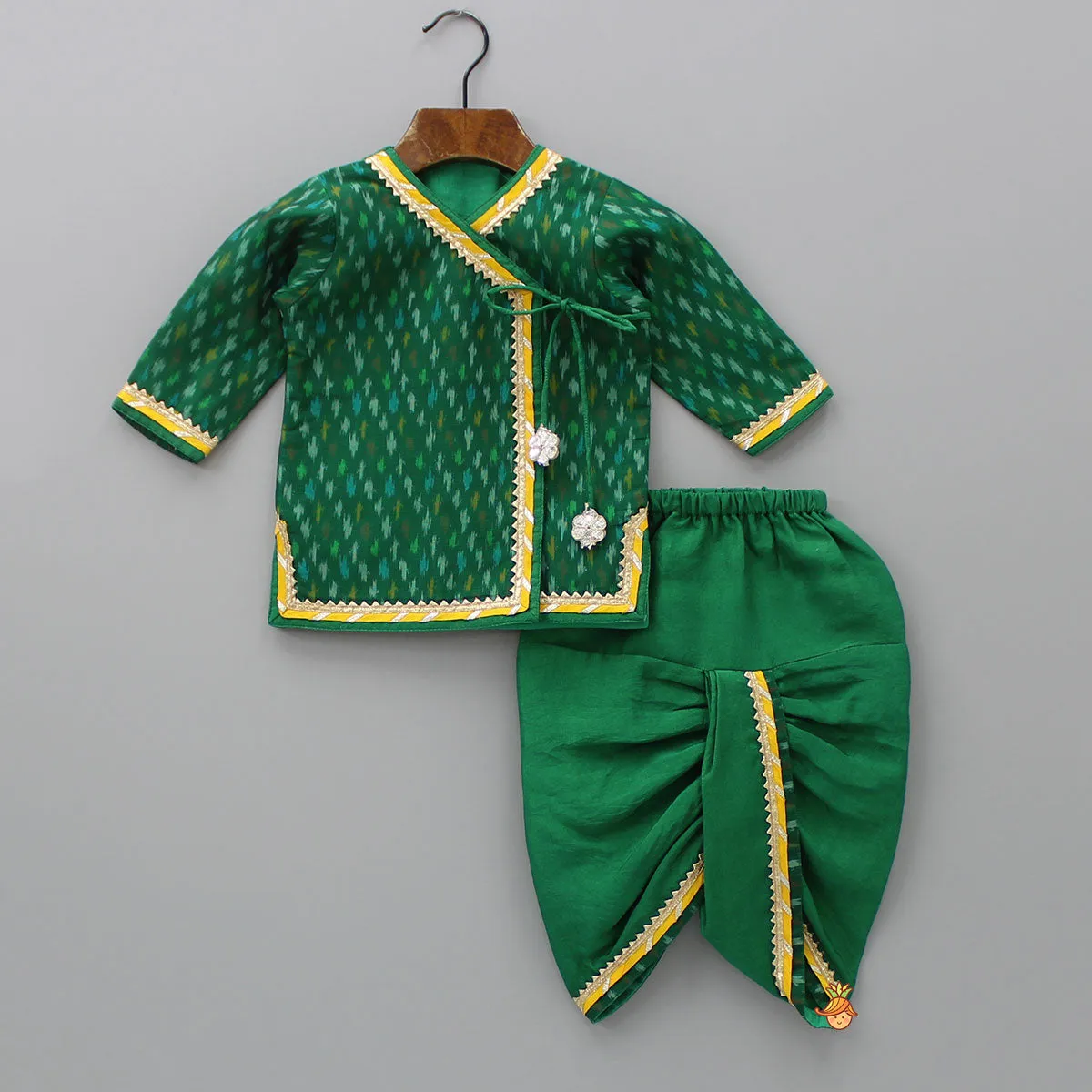 Pre Order: Printed Green Angarkha Style Infant Baby Set With Swaddle