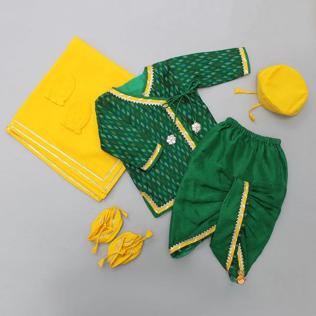 Pre Order: Printed Green Angarkha Style Infant Baby Set With Swaddle