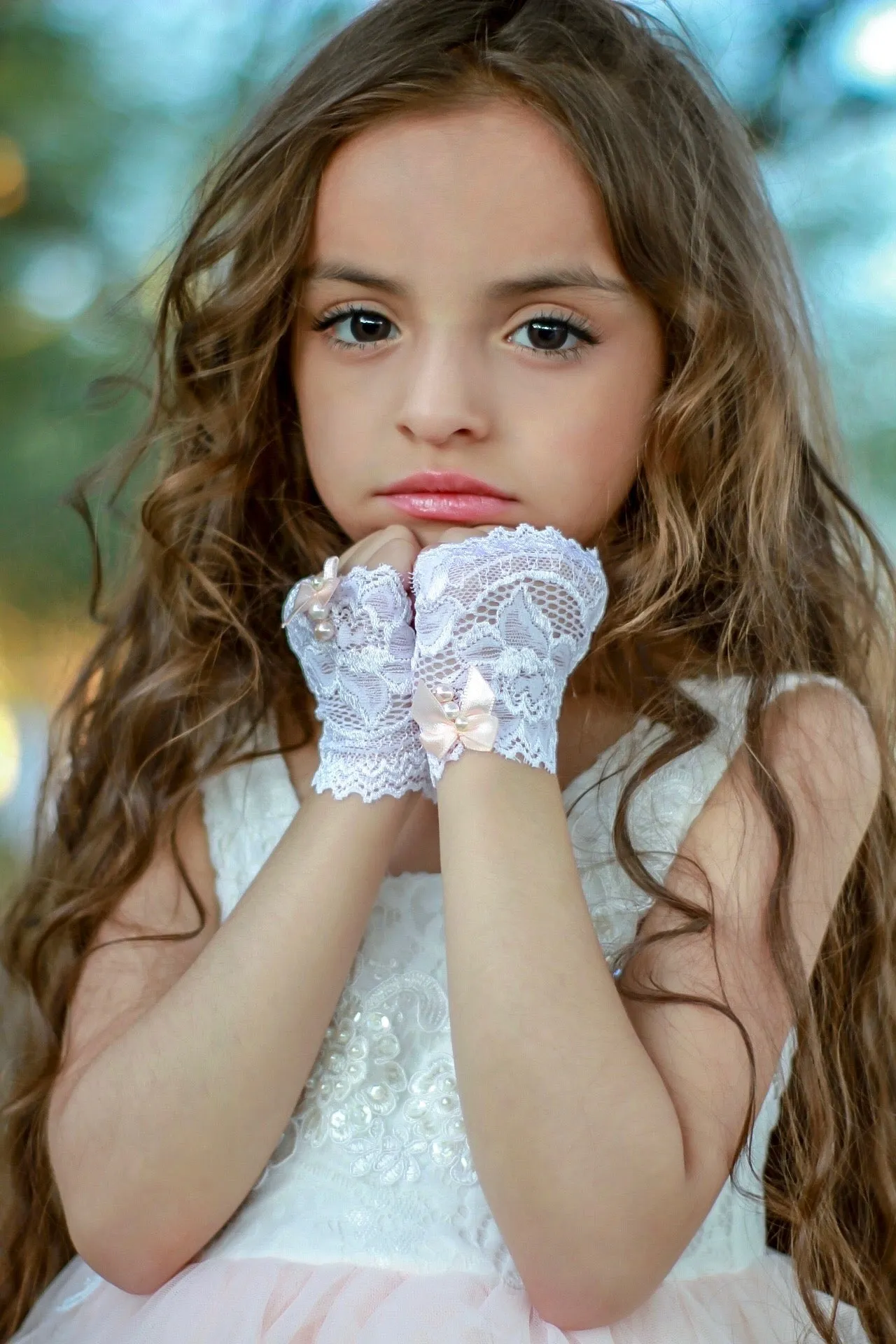 White Lace and Pearls Girls Fingerless Gloves