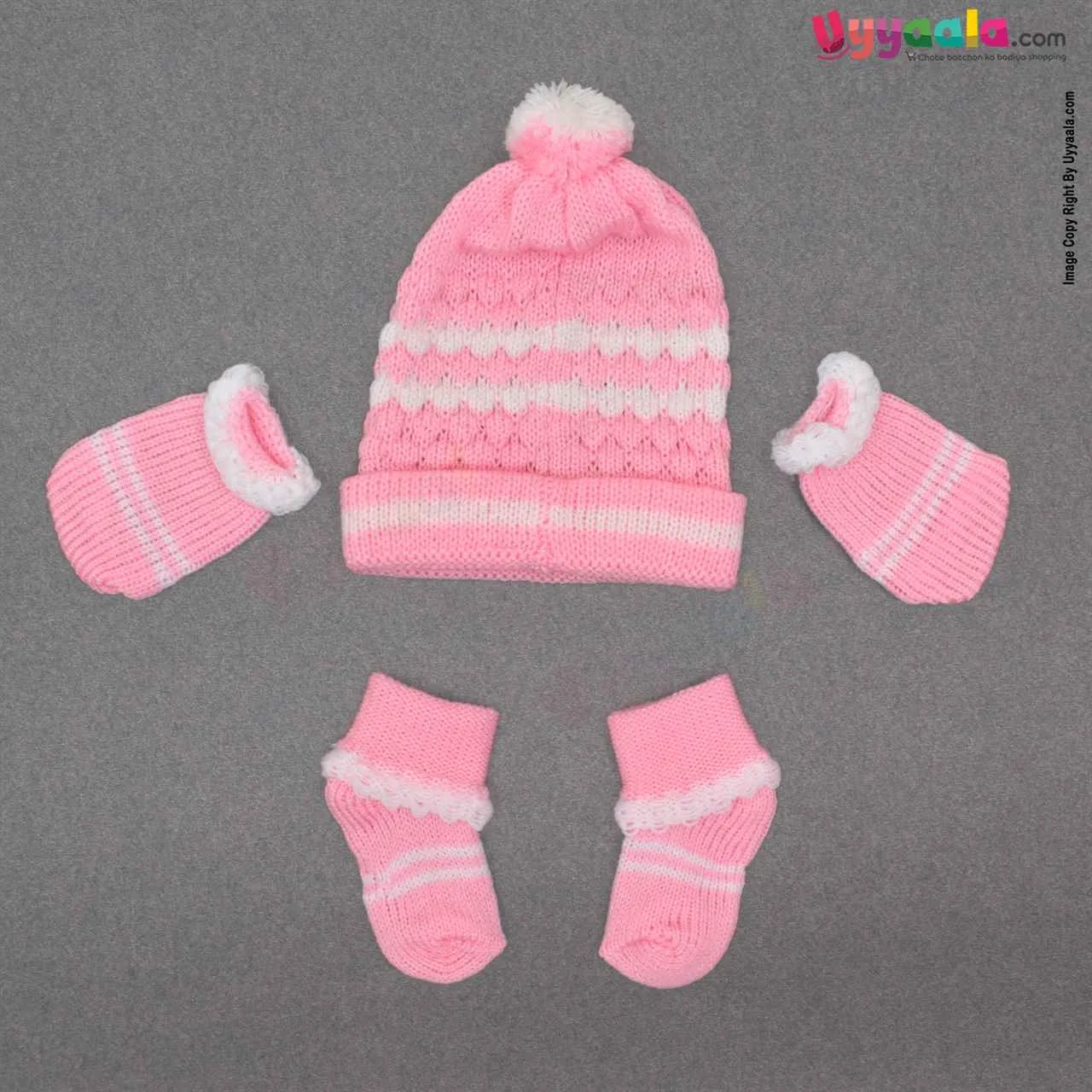 Woolen Hand Knitted Cap, Mittens & Booties Set For Newborn Babies - Pink & White 0-3m