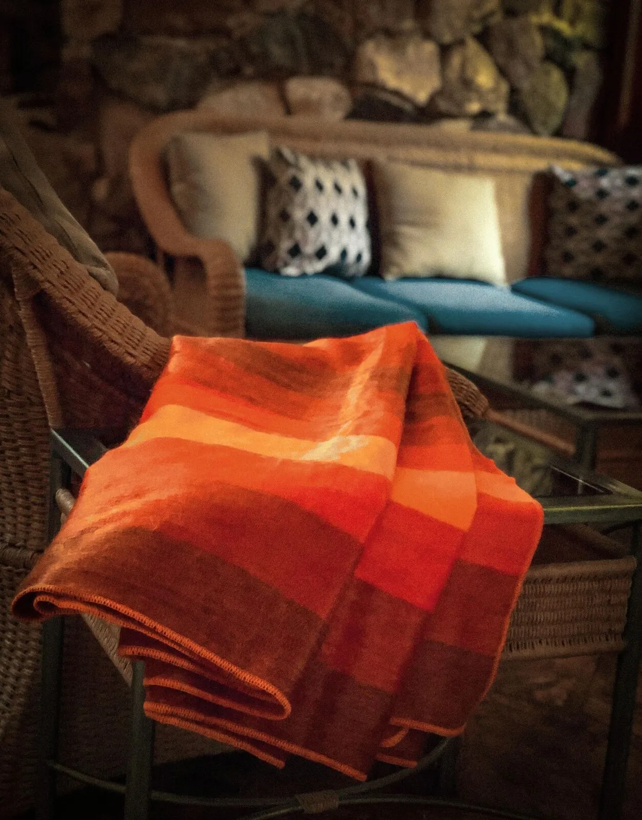 Yacupungu - Baby Alpaca Wool Throw Blanket / Sofa Cover - Queen 90" x 65" - thick stripes pattern orange